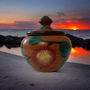 Wooden Floral Trinket Jar With Lid Hand Turned Bowl Vintage Handpainted MCM Mini